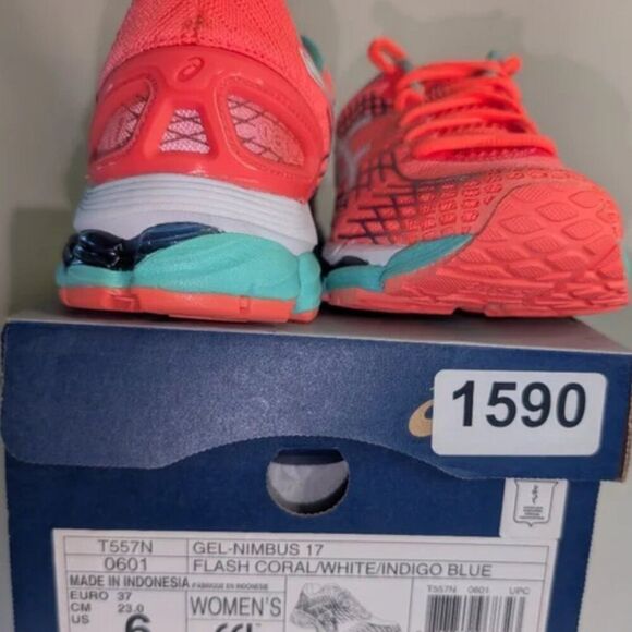 NEW IN BOX ASICS GEL NIMBUS 17 Orange Turquoise White Womens 6 US 37 EUR - Picture 5 of 6